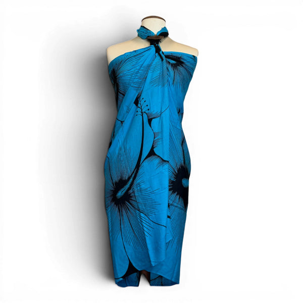 Pareo / Sarong - Falda envolvente de playa - Azul Negro Hibiscus Breeze