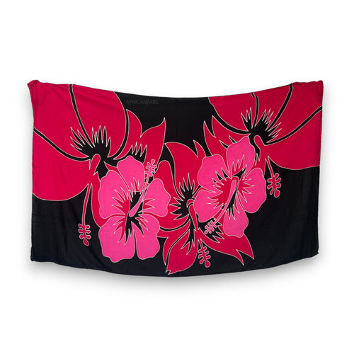Pintado a mano Pareo / Sarong - Falda envolvente de playa -Negro / rojo hibiscus flower