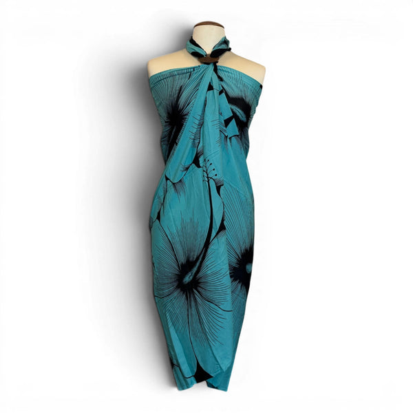 Pareo / Sarong - Falda envolvente de playa - Turquesa Negro Hibiscus Breeze