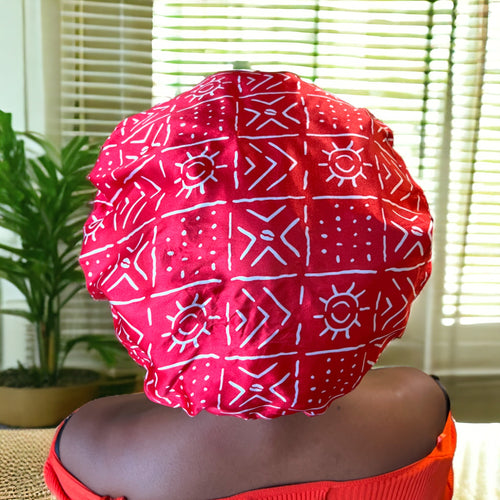 Gorro de ducha GRANDE para cabello completo / rizos - Estampado africano Rojo Blanco bogolan