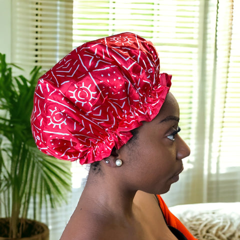 Gorro de ducha GRANDE para cabello completo / rizos - Estampado africano Rojo Blanco bogolan