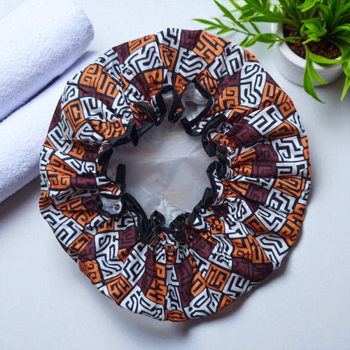 Gorro de ducha GRANDE para cabello completo / rizos - Estampado africano Marrón y naranja amarillento Kuba Blocks Congo