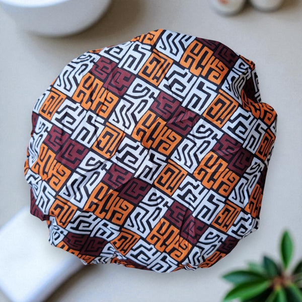 Gorro de ducha GRANDE para cabello completo / rizos - Estampado africano Marrón y naranja amarillento Kuba Blocks Congo