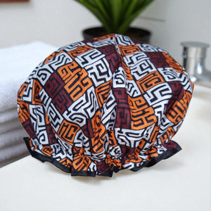 Gorro de ducha GRANDE para cabello completo / rizos - Estampado africano Marrón y naranja amarillento Kuba Blocks Congo