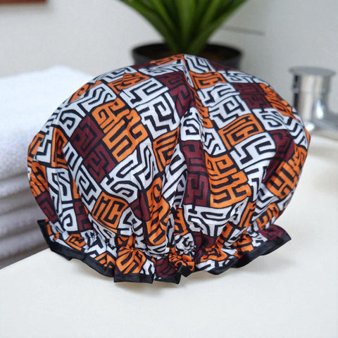 Gorro de ducha GRANDE para cabello completo / rizos - Estampado africano Marrón y naranja amarillento Kuba Blocks Congo