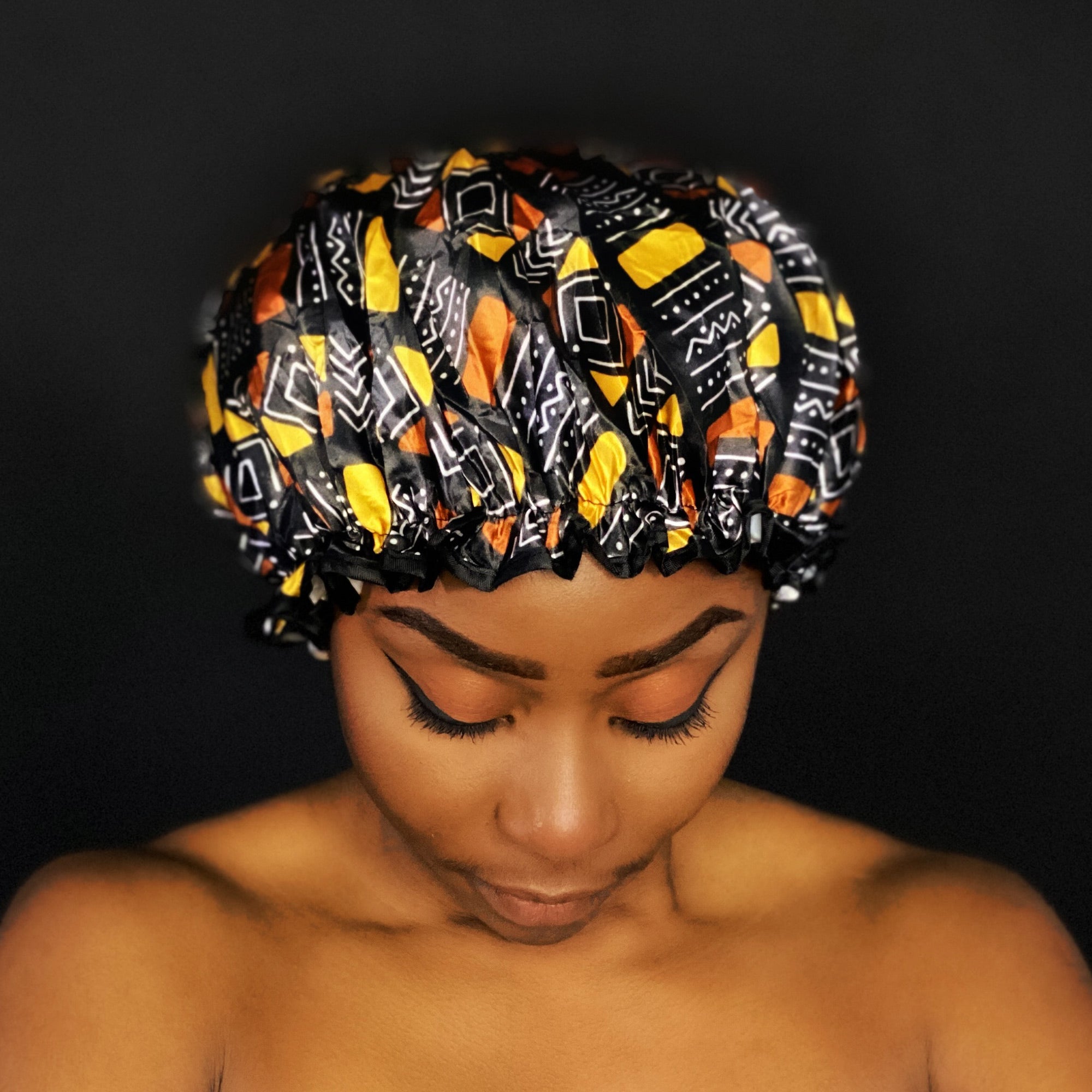 Gorro de ducha GRANDE para cabello completo / rizos - Estampado africano Marrón / beige bogolan