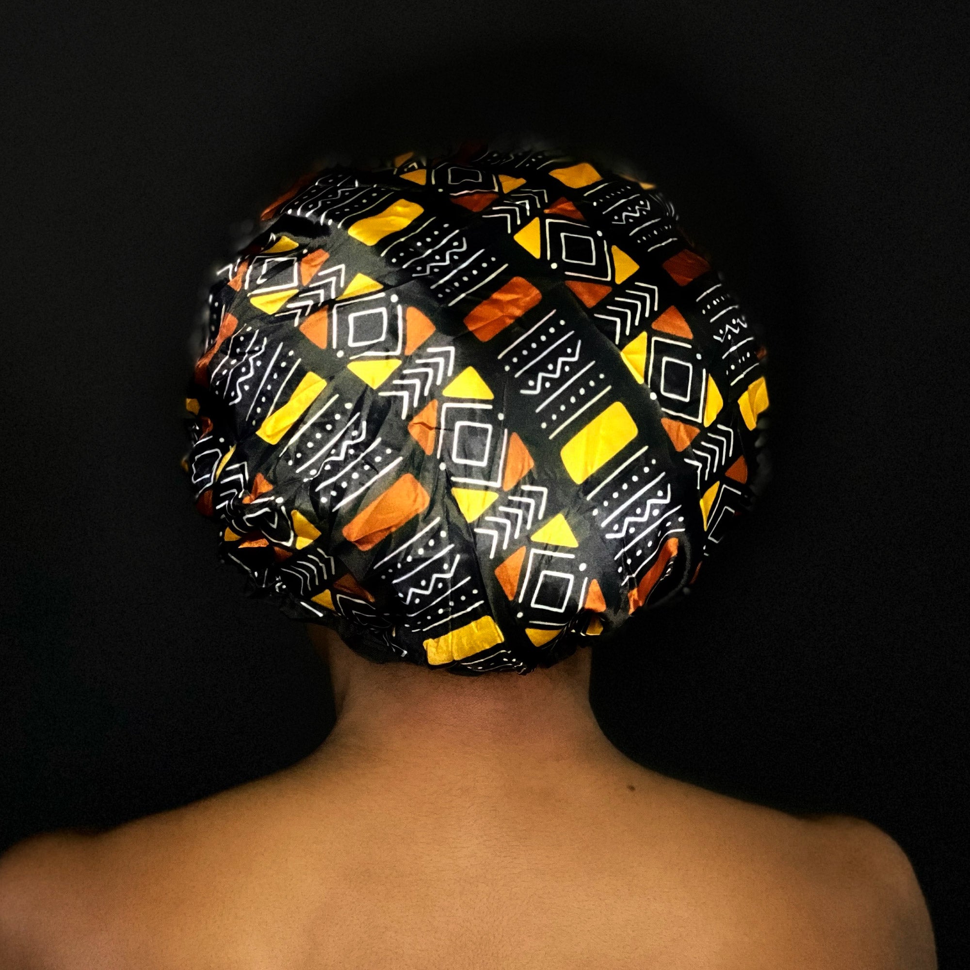 Gorro de ducha GRANDE para cabello completo / rizos - Estampado africano Marrón / beige bogolan
