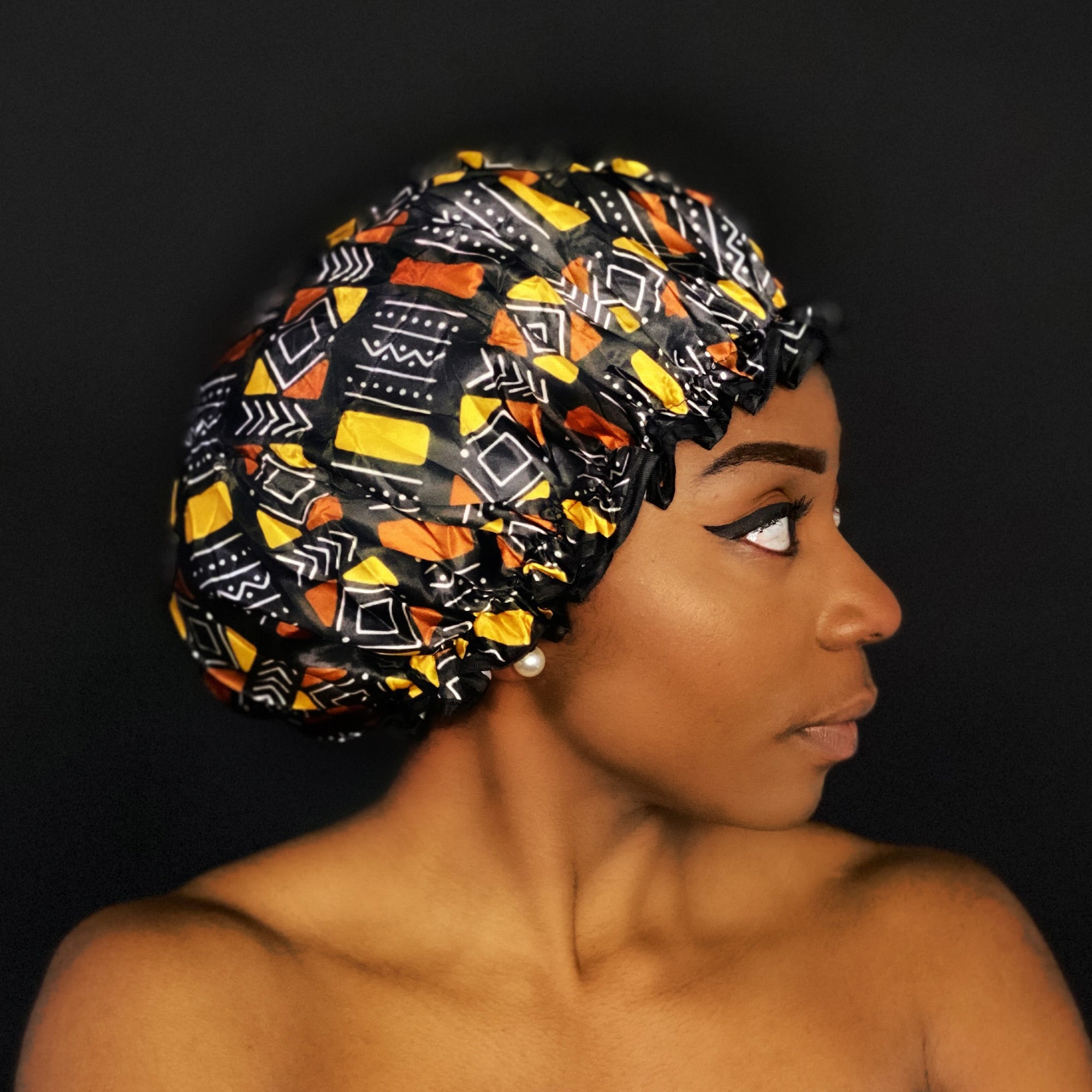 Gorro de ducha GRANDE para cabello completo / rizos - Estampado africano Marrón / beige bogolan