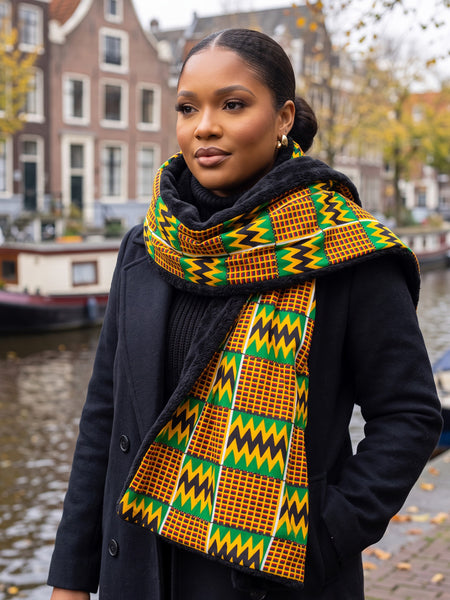Bufanda de invierno con estampado africano Unisex - Modelo estrecho - Verde Kente Print Zigzag