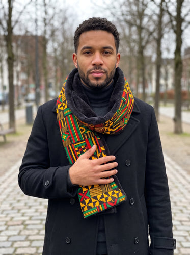 Bufanda de invierno con estampado africano Unisex - Modelo estrecho - Negro Verde Kente Print
