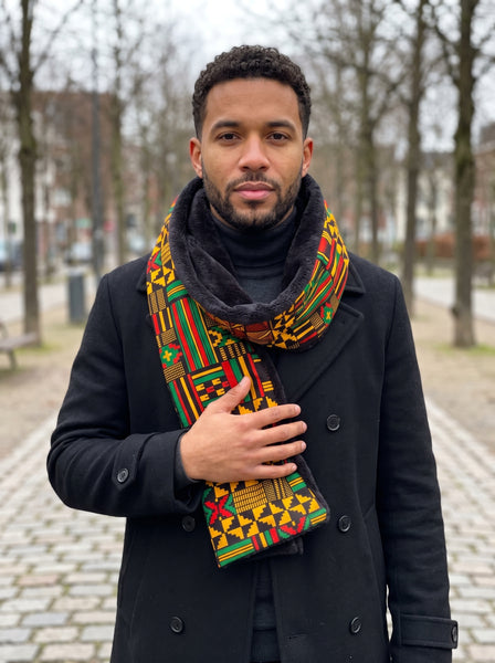 Bufanda de invierno con estampado africano Unisex - Modelo estrecho - Negro Verde Kente Print