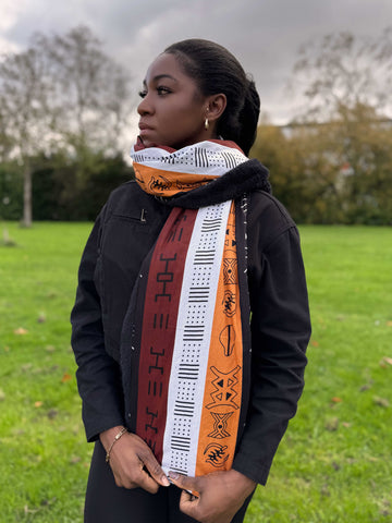 Bufanda de invierno con estampado africano Unisex - Modelo estrecho - Marrón Símbolos Bogolan