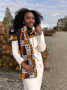 Bufanda de invierno con estampado africano Unisex - Modelo estrecho -Marrón Bloques Kuba