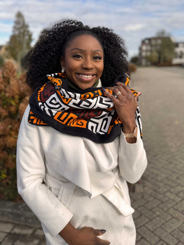 Bufanda de invierno con estampado africano Unisex - Modelo estrecho -Marrón Bloques Kuba