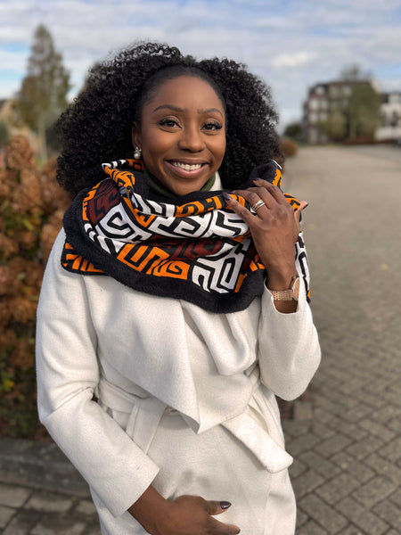 Bufanda de invierno con estampado africano Unisex - Modelo estrecho -Marrón Bloques Kuba