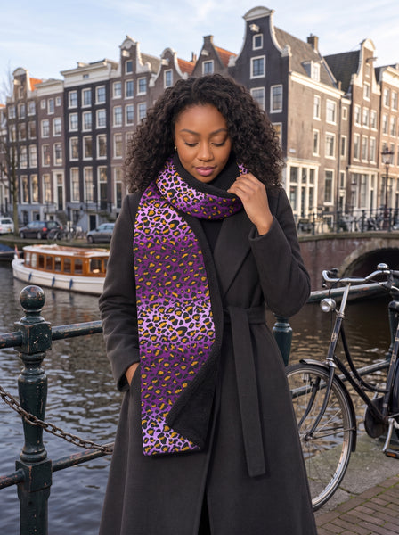 African print Winter scarf Unisex - Slim model - Purple Leopard Spots