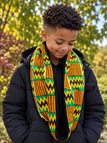 Cuello alto Bufanda de Invierno Estampado Africano para Niños Unisex - Verde Kente Print Zigzag