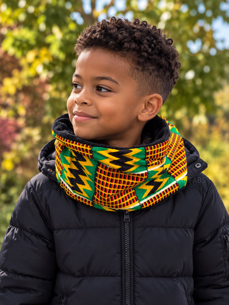 Cuello alto Bufanda de Invierno Estampado Africano para Niños Unisex - Verde Kente Print Zigzag