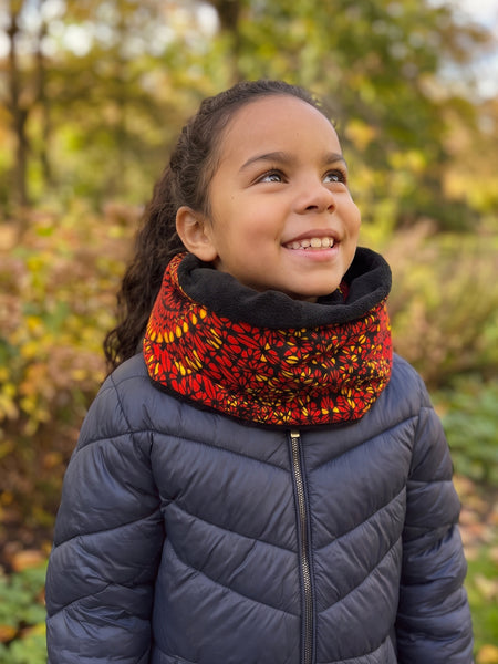 African print Turtleneck Winter scarf for Kids Unisex - Red Sunfire Bloom