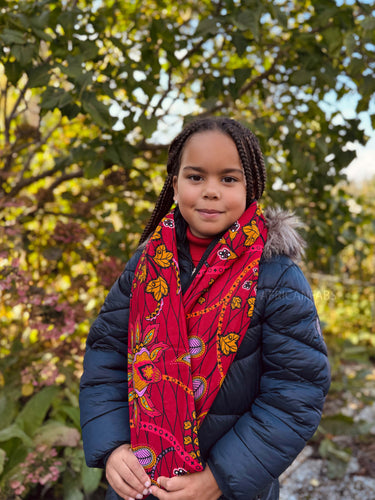 Cuello alto Bufanda de Invierno Estampado Africano para Niños Unisex - Rojo oscuro & Amarillo Botanical Flow