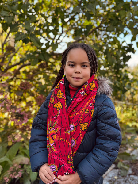 Cuello alto Bufanda de Invierno Estampado Africano para Niños Unisex - Rojo oscuro & Amarillo Botanical Flow