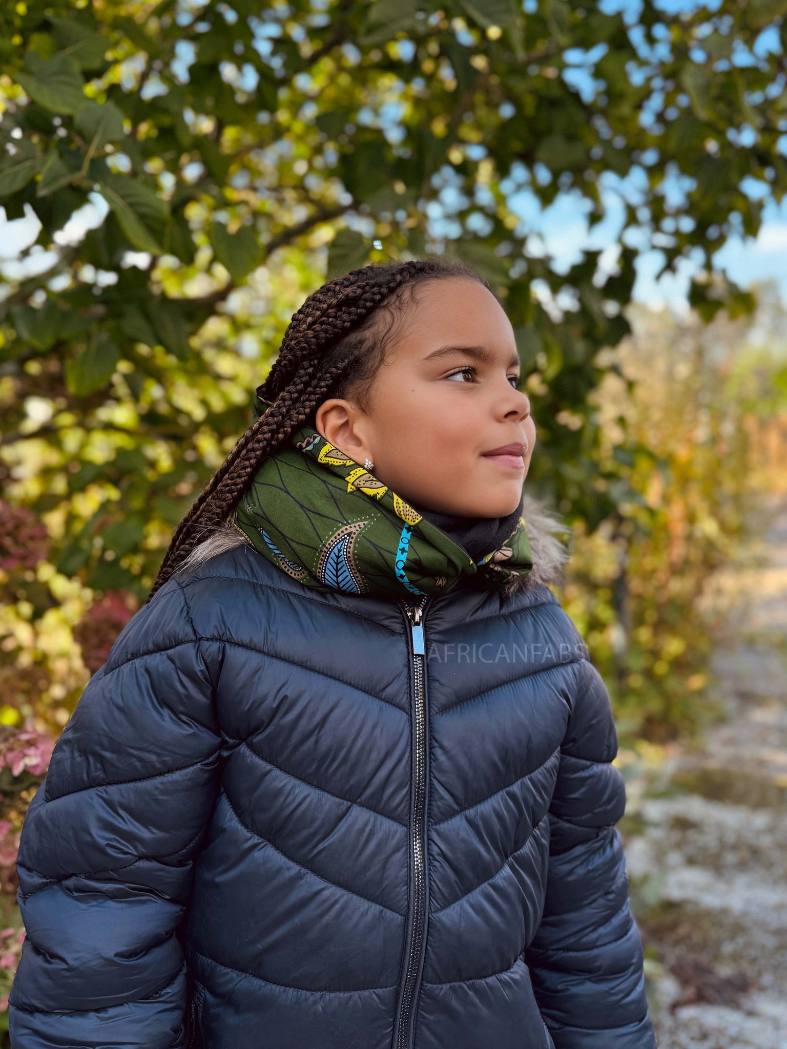 Cuello alto Bufanda de Invierno Estampado Africano para Niños Unisex - Verde oscuro & Amarillo Botanical Flow