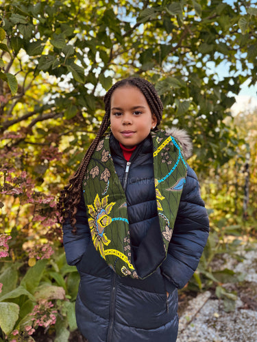 Cuello alto Bufanda de Invierno Estampado Africano para Niños Unisex - Verde oscuro & Amarillo Botanical Flow