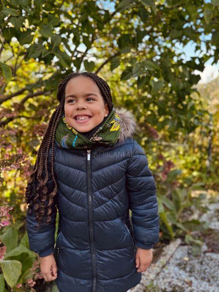 Cuello alto Bufanda de Invierno Estampado Africano para Niños Unisex - Verde oscuro & Amarillo Botanical Flow