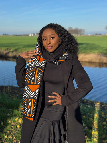 Bufanda de invierno con estampado africano Unisex - Modelo estrecho - Naranja Marrón bogolan