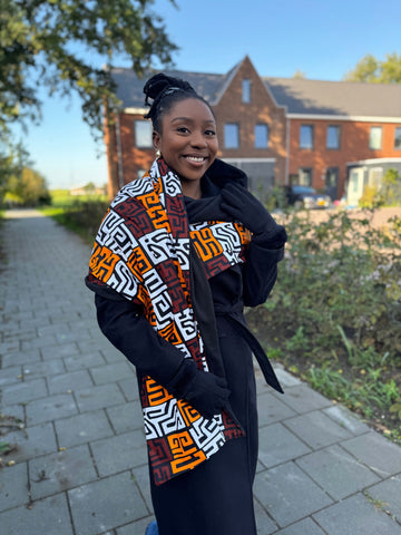 Bufanda de invierno estampado africano para Adultos Unisex - Marrón & Amarillo anaranjado Kuba Blocks