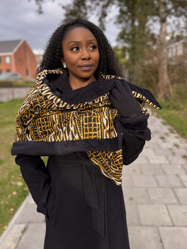 Bufanda de invierno estampado africano para Adultos Unisex - Negro Amarillo Ndop Camerún