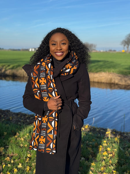 Bufanda de invierno con estampado africano Unisex - Modelo estrecho - Bogolan marrón cruz