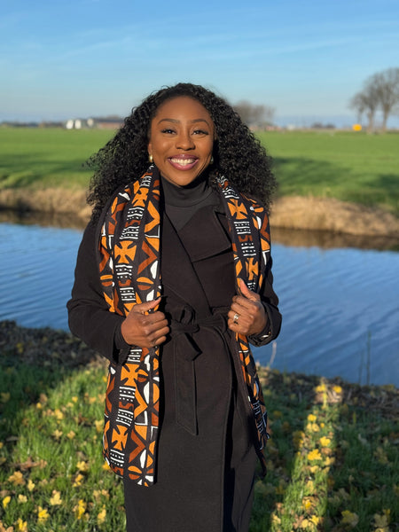 Bufanda de invierno con estampado africano Unisex - Modelo estrecho - Bogolan marrón cruz