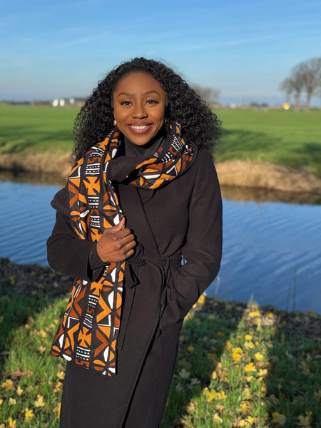 Bufanda de invierno con estampado africano Unisex - Modelo estrecho - Bogolan marrón cruz