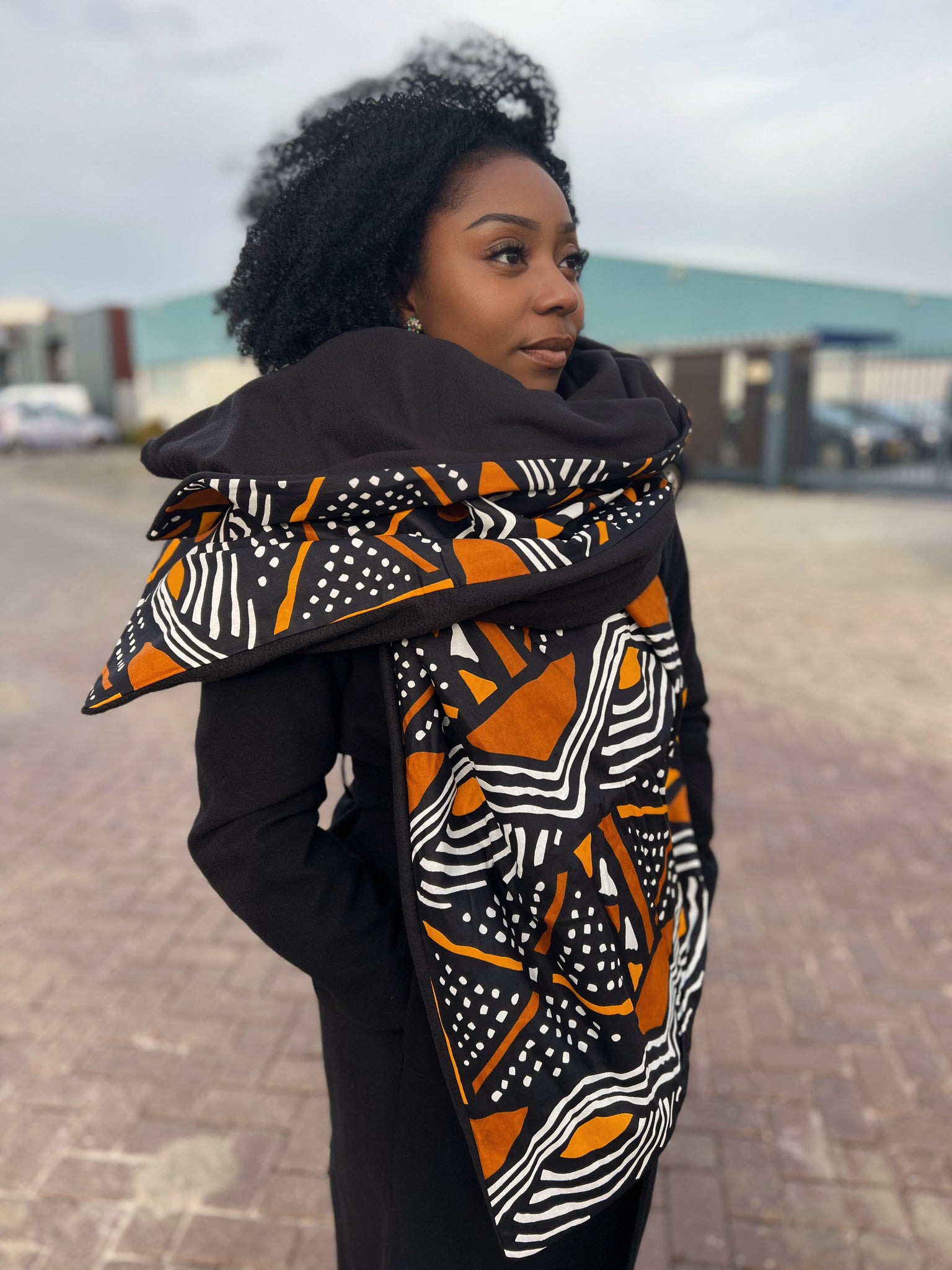 Bufanda de invierno estampado africano para Adultos Unisex - Tela barro negra / naranja