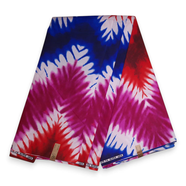 Tela estampada africana - Rojo / Azul / Rosa  Tie Dye - Polialgodón