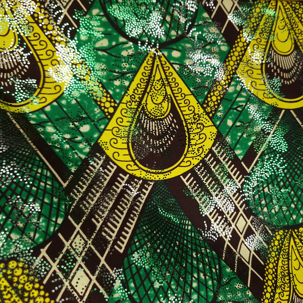 Tela estampada Wax africana Osikani - Pavo real verde con efecto PLATA