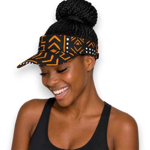 Gorras de visera con estampado africano - Negro Naranja Bogolan Symbols