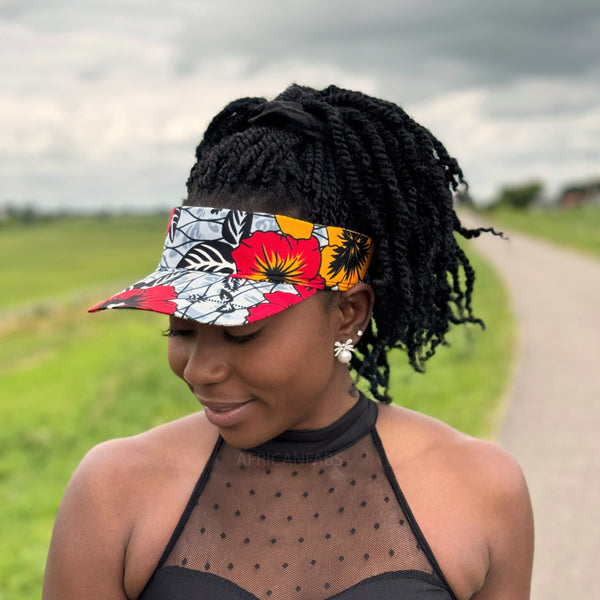 Gorras de visera con estampado africano - Gris claro / Flores rojas