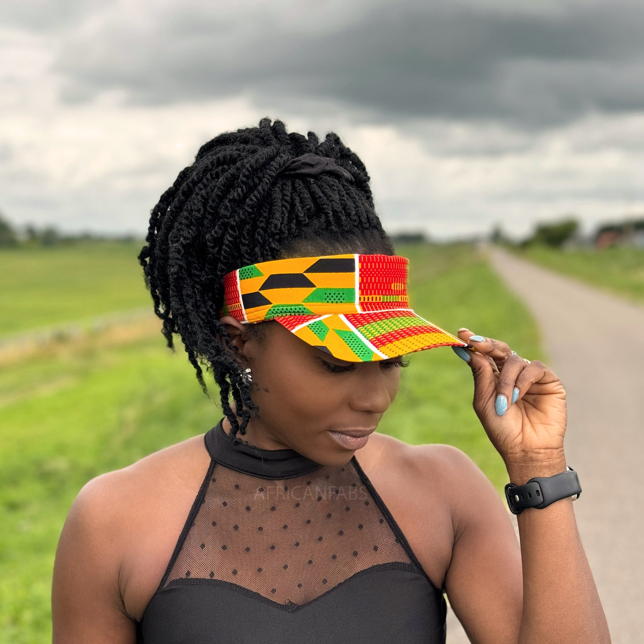 Gorras de visera con estampado africano - Kente verde / amarillo