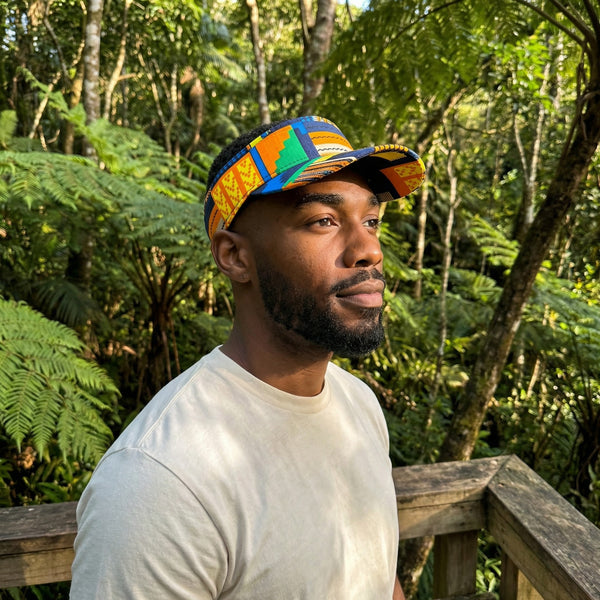 Gorras de visera con estampado africano - Kente azul / naranja