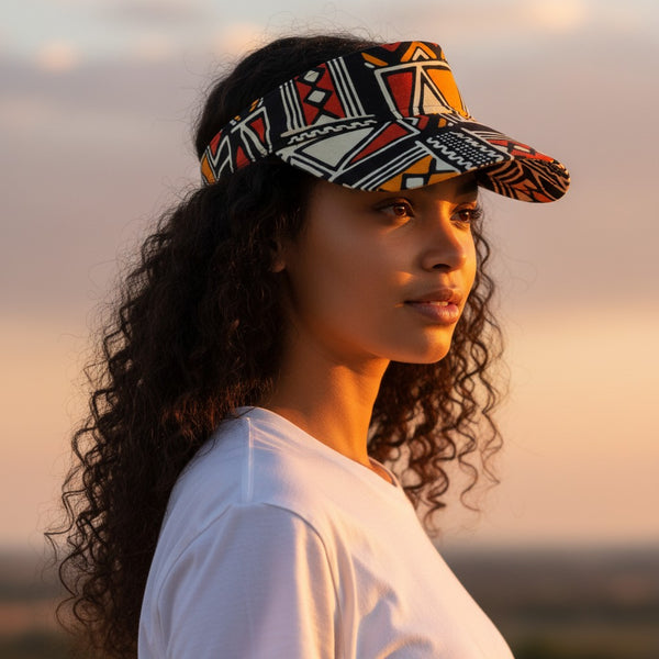Gorras de visera con estampado africano - Rojo y naranja Bogolan Symbols