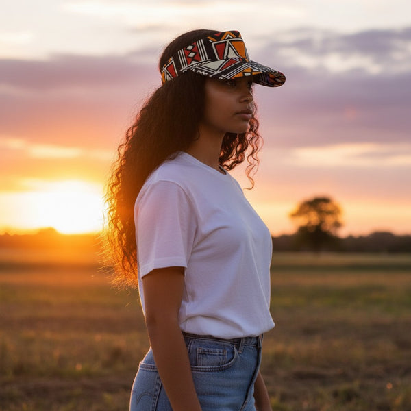 Gorras de visera con estampado africano - Rojo y naranja Bogolan Symbols