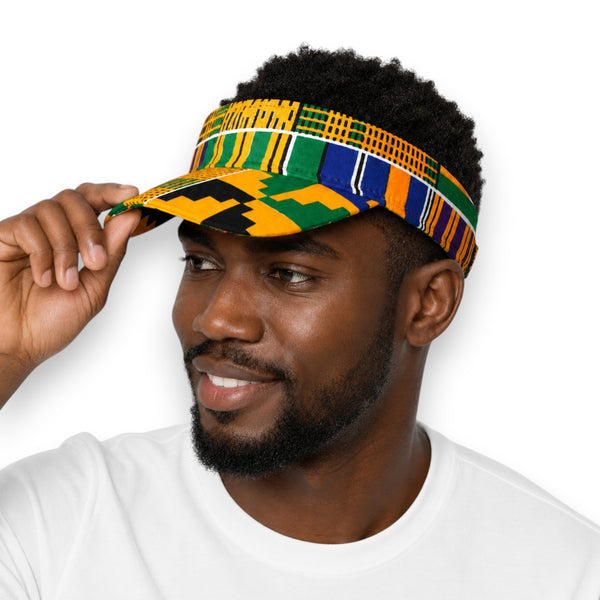 Gorras de visera con estampado africano - Amarillo Azul Kente Blocks