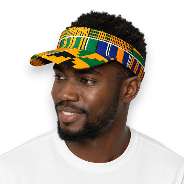 African print Sun visor cap - Yellow Blue Kente Blocks