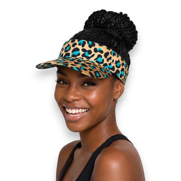 African print Sun visor cap - Beige Turquoise Leopard Spots