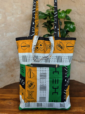 Bolso shopper con estampado africano - Símbolos verdes bogolan - Shopping Bag Reutilizable de Algodón