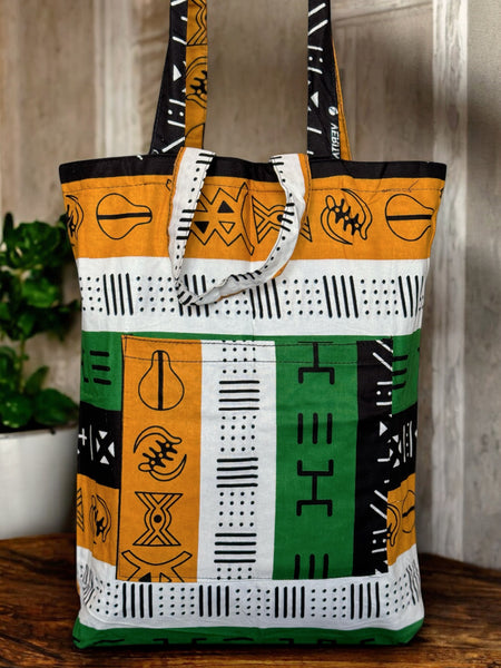 Bolso shopper con estampado africano - Símbolos verdes bogolan - Shopping Bag Reutilizable de Algodón