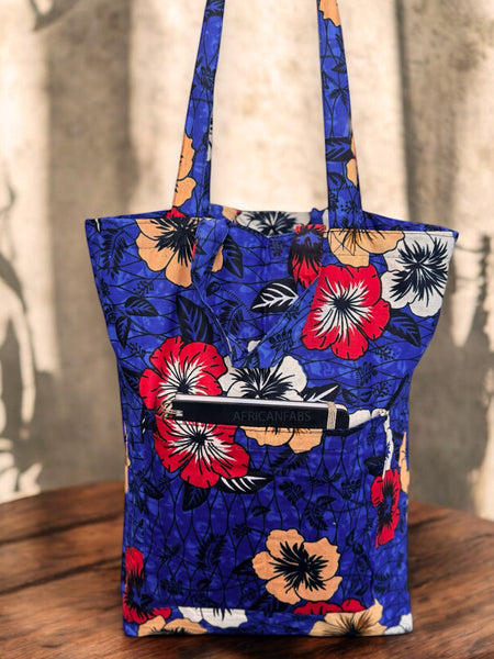 Bolso shopper con estampado africano - Azul Flowers - Shopping Bag Reutilizable de Algodón