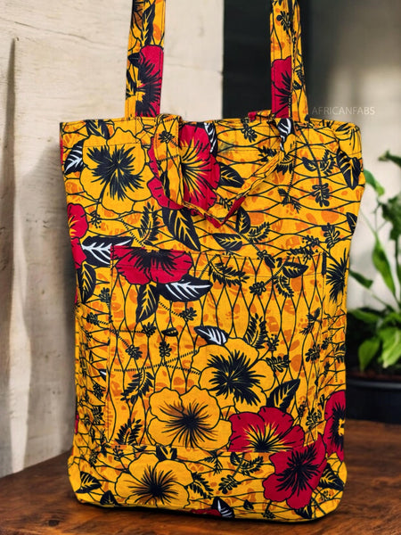 Bolso shopper con estampado africano - Amarillo Flowers - Shopping Bag Reutilizable de Algodón